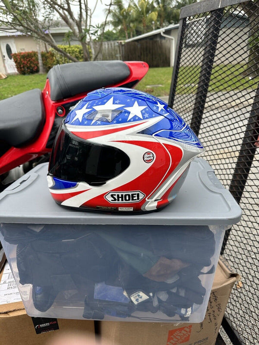 SOLD Shoei Full Face Motorcycle Helmet Red White Blue Silver with Stars Large