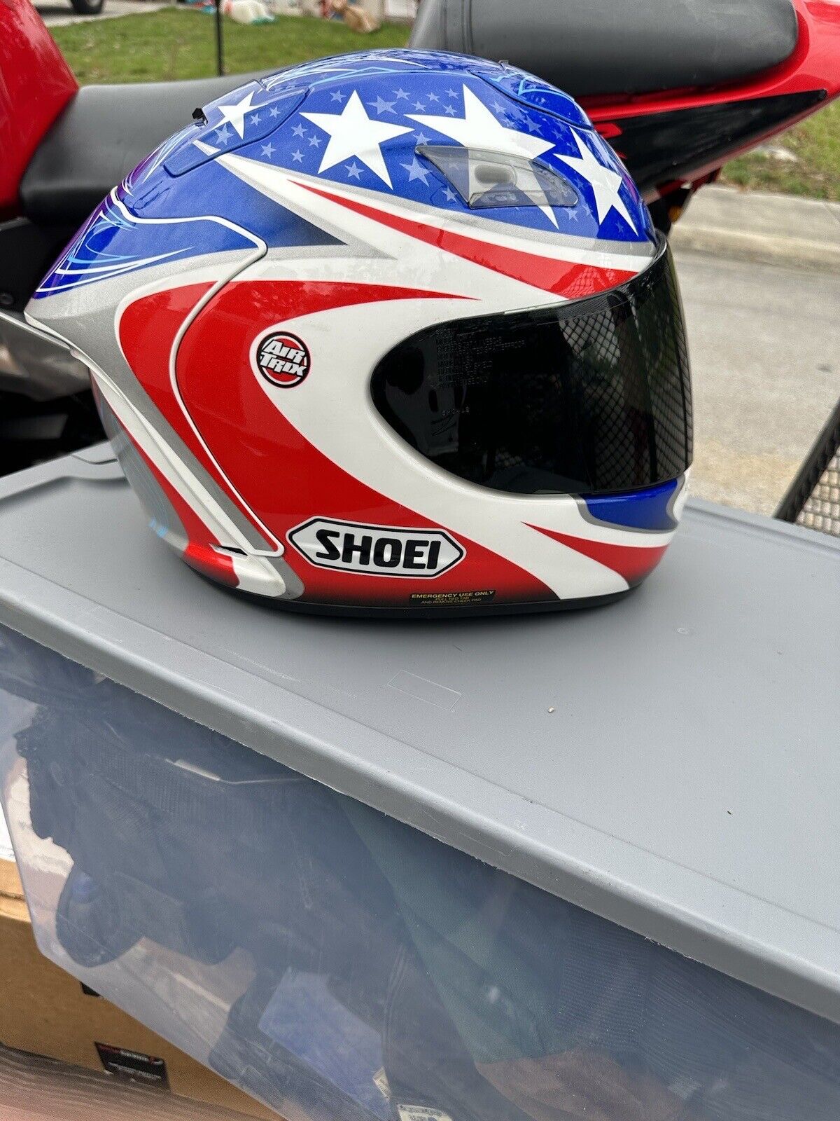 SOLD Shoei Full Face Motorcycle Helmet Red White Blue Silver with Stars Large