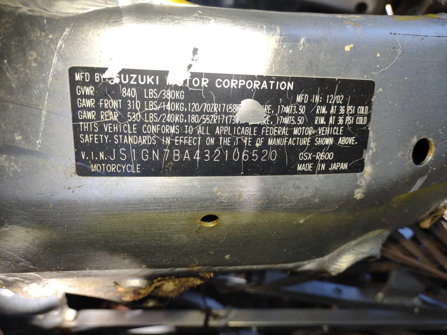 03 Suzuki GSXR 600 Main Frame Chassis GSXR600 EZ Reg